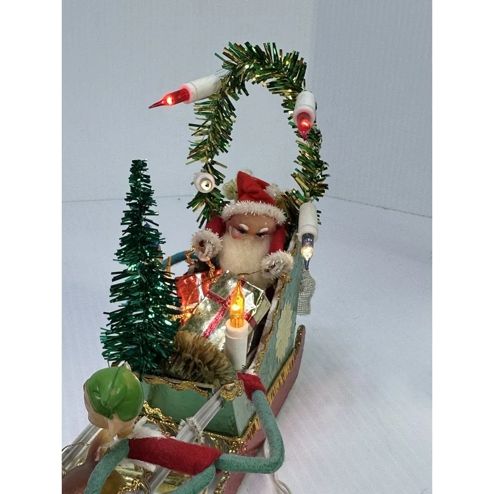 Vintage Christmas Santa Clause Pixie Elves Reindeers Sleigh Electric 1960s